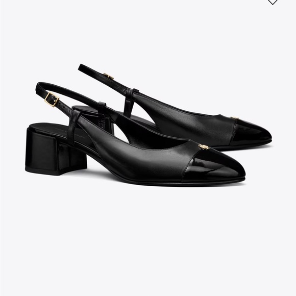 Tory Burch Black Cap-Toe Slingback Low Block Heel Mules - Picture 2 of 8